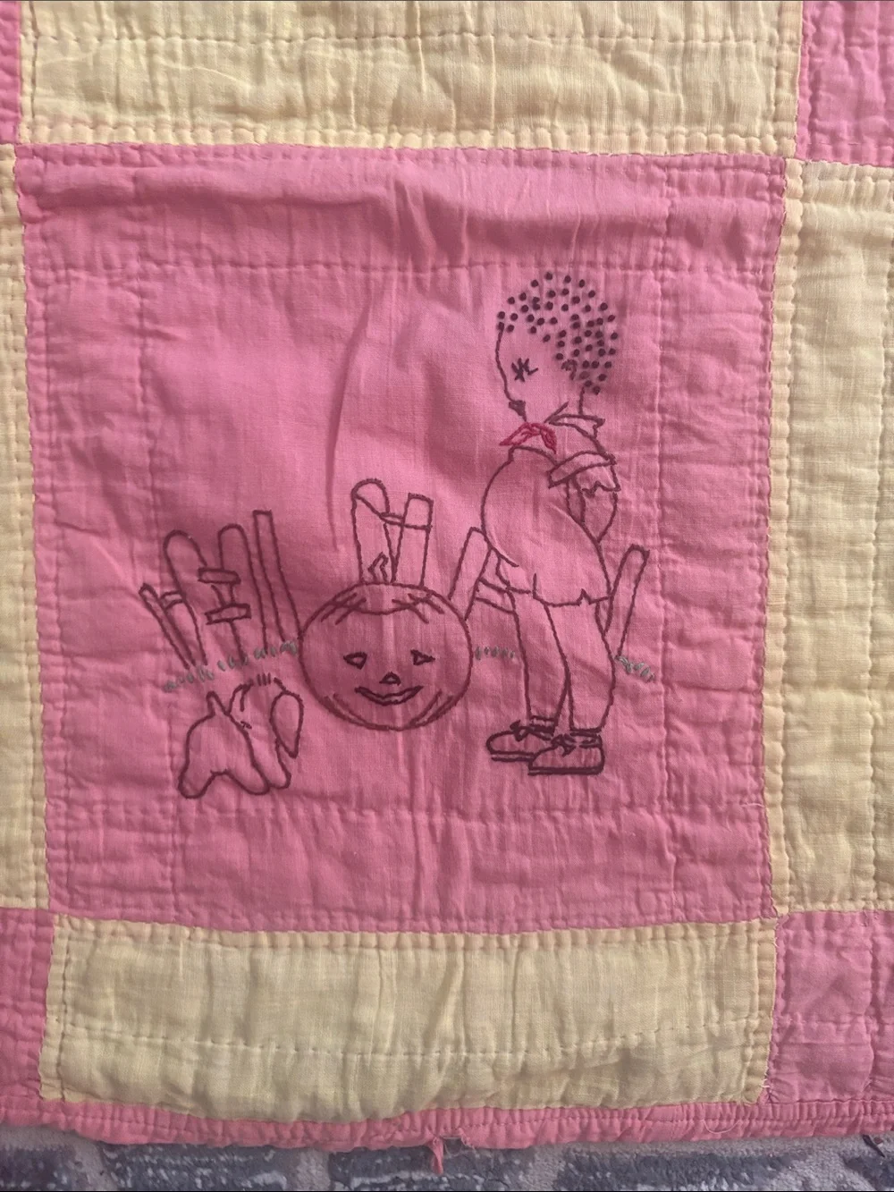 Vintage Pink and Yellow Patchwork Baby Quilt with Embroidered Design